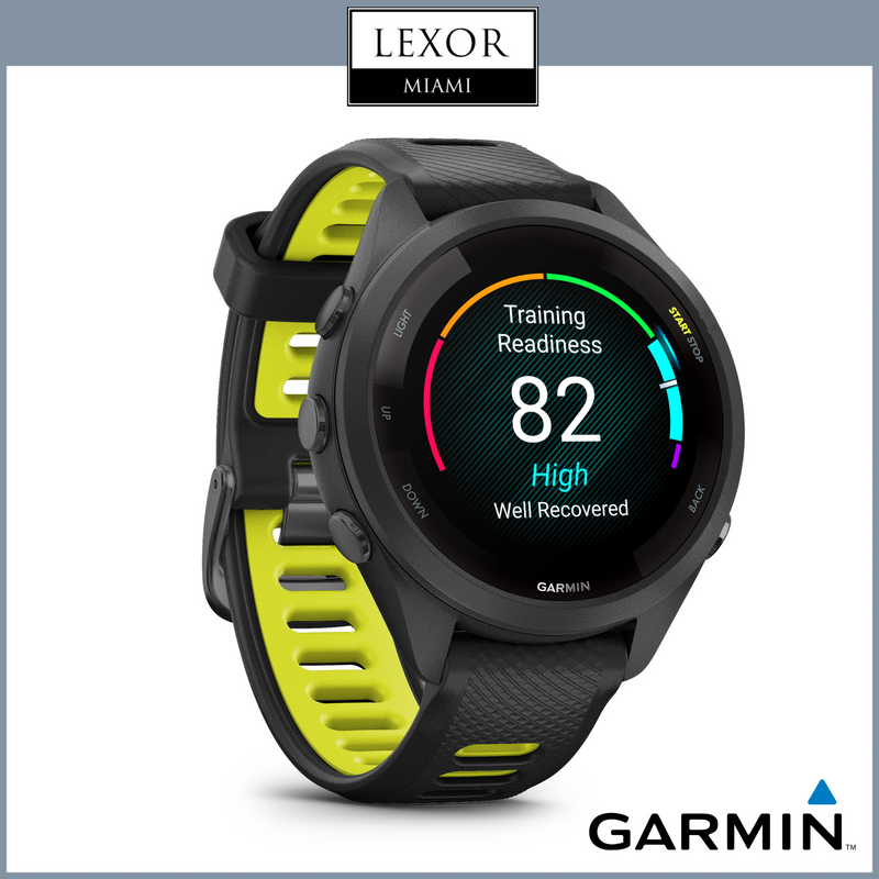 Garmin Forerunner® 265S, bisel y caja negros con correa de silicona negra/amarilla 010-02810-03 Relojes UPC 753759313685