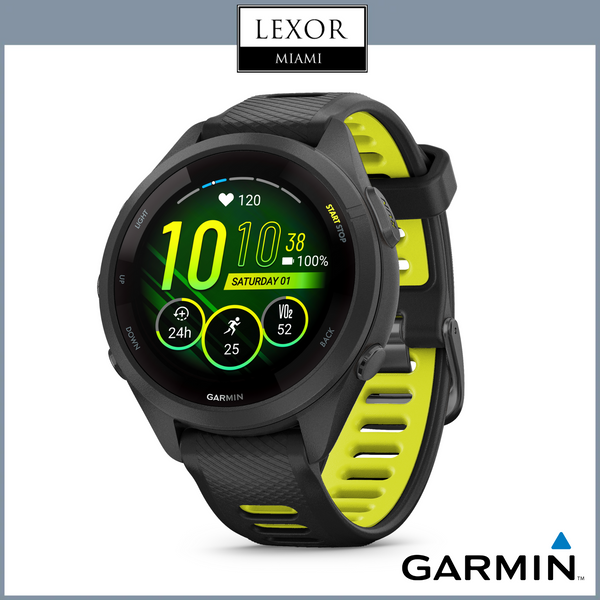 Garmin Forerunner® 265S, moldura e caixa pretas com pulseira de silicone preta/amarela Amp 010-02810-03 Relógios UPC 753759313685