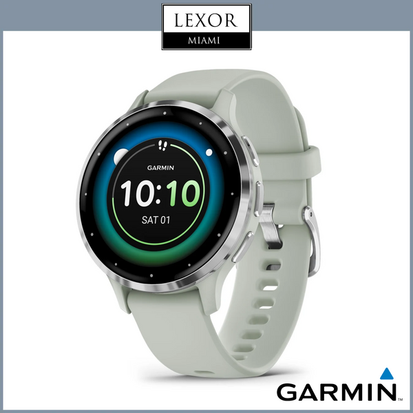 Garmin Watches Venu® 3S Silver Stainless Steel Bezel with Sage Gray Case and Silicone Band 010-02785-01 UPC 753759314781