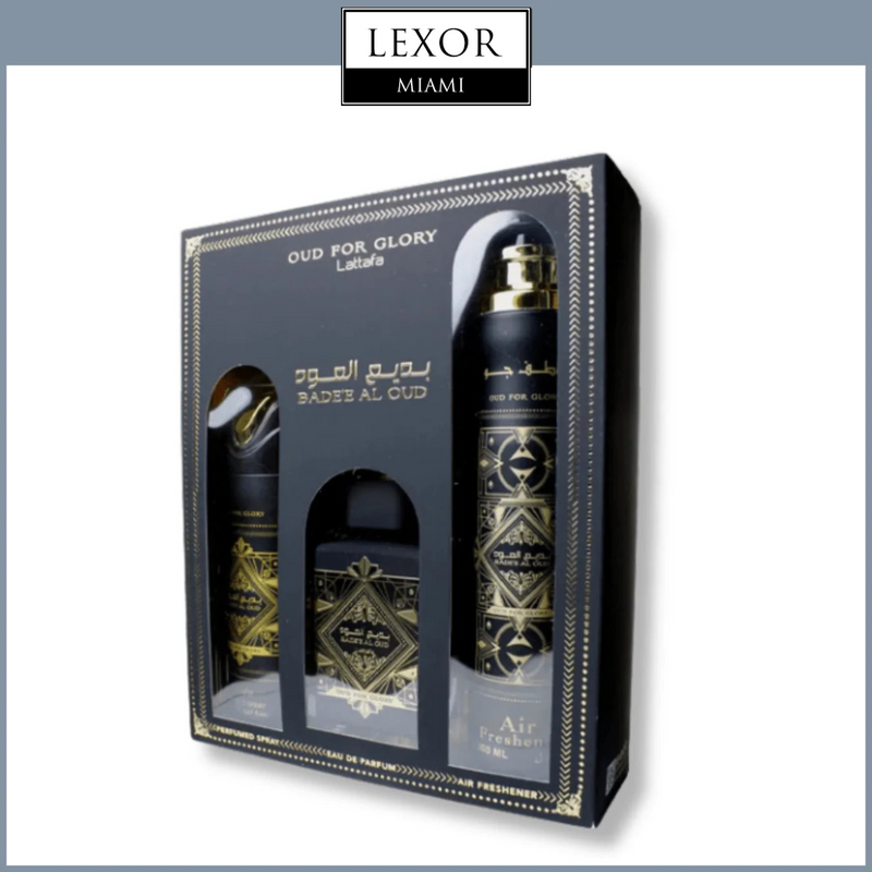 LATTAFA BADEE AL OUD GLORY 3.4 EDP Unisex Perfume set + 6.7 BODY/SPRAY + 1.7 HAIRMIST