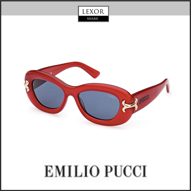 Gafas de sol Pucci EP0210 5266V para mujer, color rojo lechoso brillante, dorado pálido, lentes negras y azules UPC: 889214419569