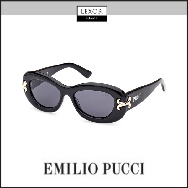 Gafas de sol Pucci EP0210 5201A para mujer, color negro brillante, dorado pálido, blanco y azul ahumado UPC: 889214419538