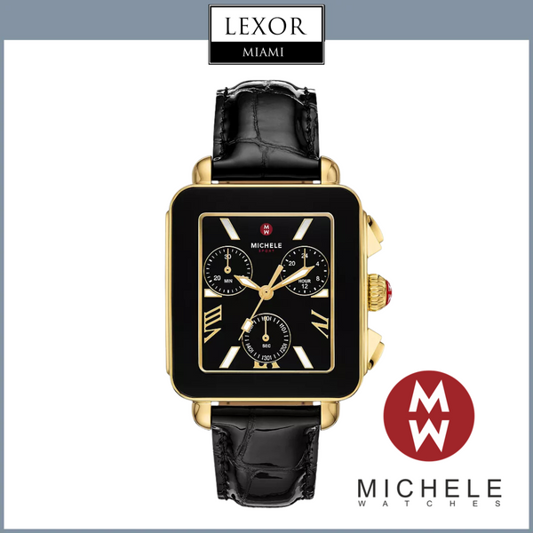 Michele Watches Deco Sport Chronograph 18K Gold-Plated Stainless Steel Noir Leather Watch MWW06K000070