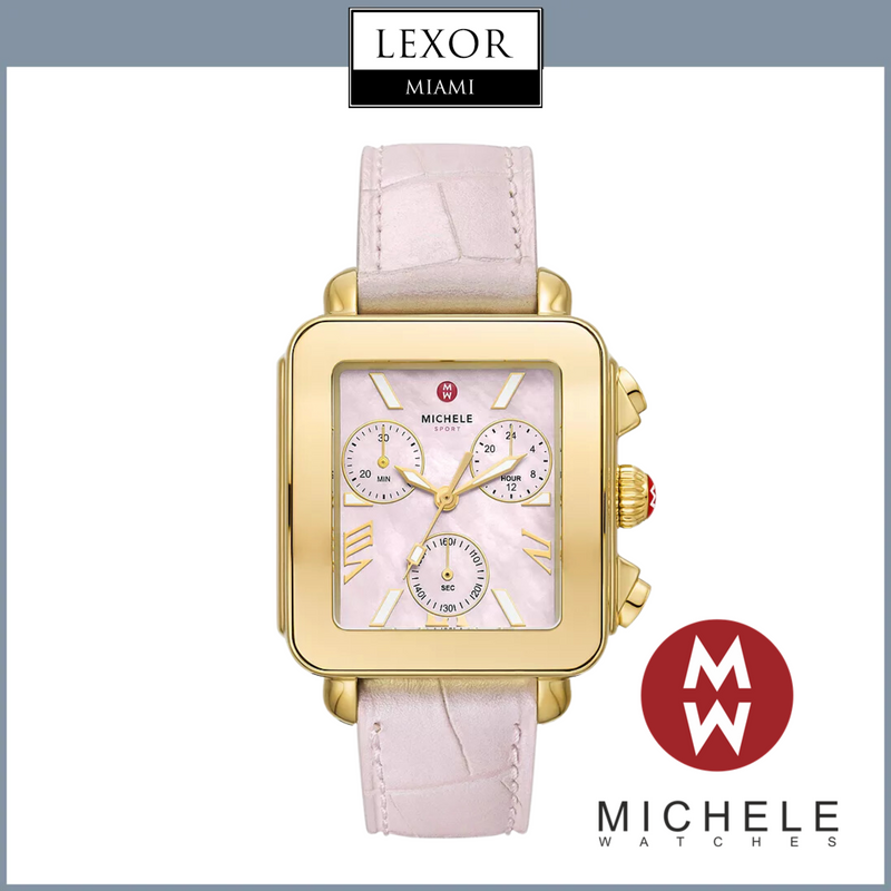 Michele Watches Deco Sport Chronograph Gold-Plated Pink Leather Watch MWW06K000068