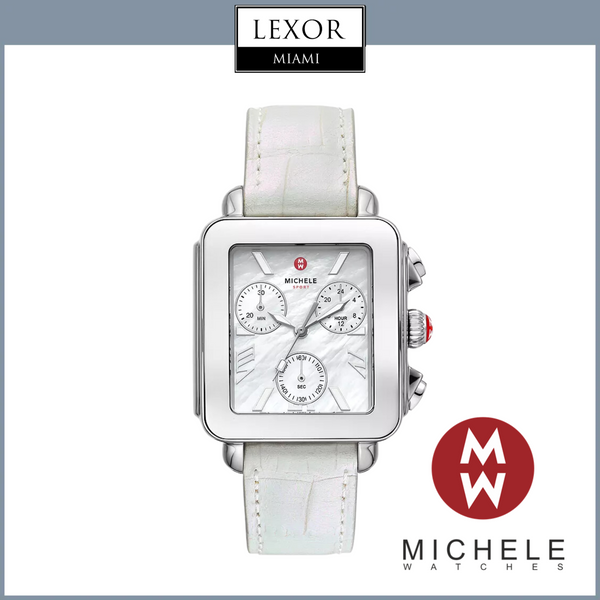 Michele Watches Deco Sport Chronograph Stainless Steel White Leather Watch MWW06K000066