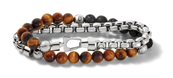 Bulova J96B023M Men's Tiger's Eye & Black Lava Bead Bracelet in Stainless Steel Men Jewelry - Lexor Miami