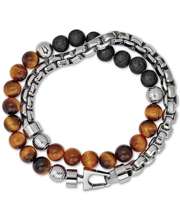 Bulova J96B023M Men's Tiger's Eye & Black Lava Bead Bracelet in Stainless Steel Men Jewelry - Lexor Miami