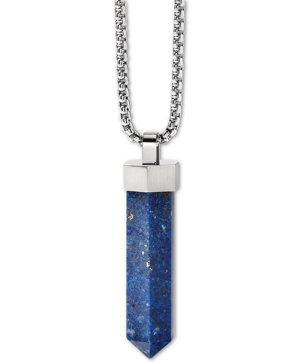 Bulova J96N006 Faceted Lapis Pendant Necklace in Stainless Steel; 26" + 2" Extender Men Jewelry - Lexor Miami