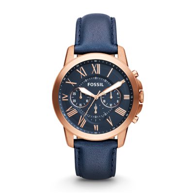 Fossil FS4835 Grant Chronograph Navy Leather Watch Unisex - Lexor Miami