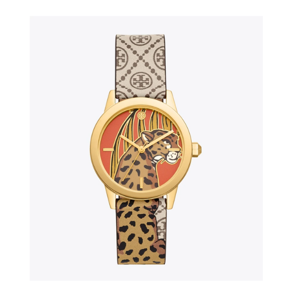 Relógios femininos Tory Burch TBW2033 com pulseira de couro e estampa de tigre